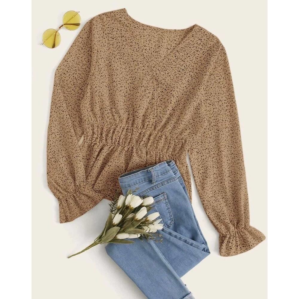 1X SHEIN Tan Brown Allover Print Long Sleeve Peplum Wrap V Neck Blouse Top Shirt - Picture 3 of 7
